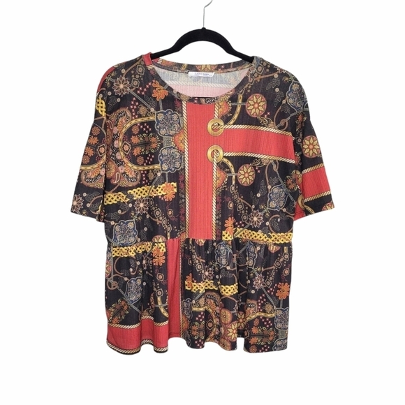 Zara Trafaluc Women's Mixed Pattern Multicolor Short Sleeve Peplum Top Size L - Picture 1 of 10